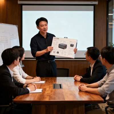 陈涛，产品VP，在会议室展示产品原型